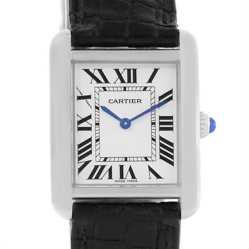 The image shows a front view of the Cartier Tank Solo W1018255 Women
s Stainless Steel Silver Dial W1018255 Women
s Stainless Steel Silver Dial watch, featuring its rectangular face, Roman numerals, and leather strap.