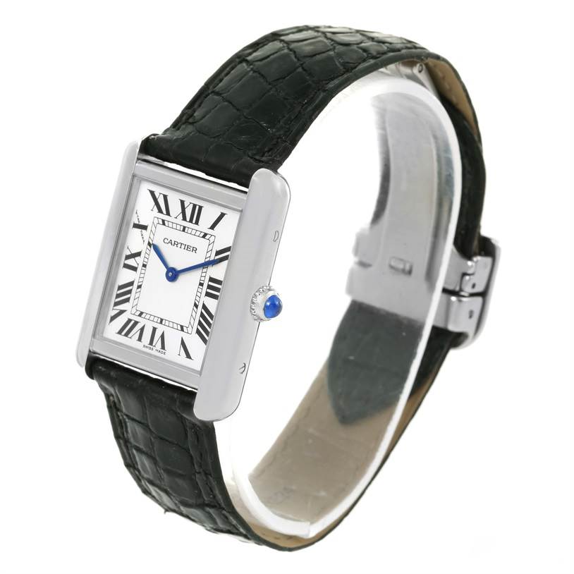 The Cartier Tank Solo W1018255 Women
s Stainless Steel Silver Dial W1018255 Women
s Stainless Steel Silver Dial watch is shown at a three-quarter angle, displaying the face, strap, and clasp.