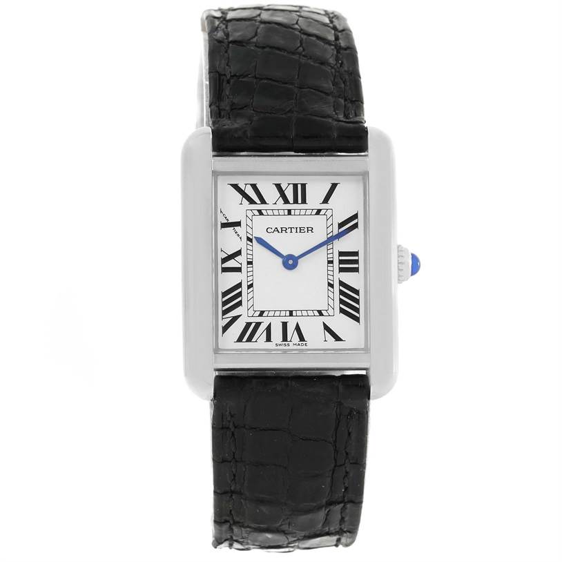 The image shows a front view of the Cartier Tank Solo W1018255 Women
s Stainless Steel Silver Dial W1018255 Women
s Stainless Steel Silver Dial watch, highlighting its rectangular face, Roman numerals, and black leather strap.