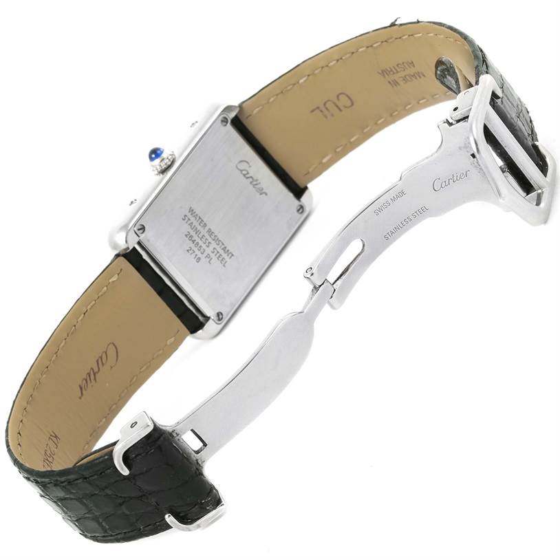 This image shows the back of the Cartier Tank Solo W1018255 Women
s Stainless Steel Silver Dial W1018255 Women
s Stainless Steel Silver Dial watch, focusing on the case back, clasp, and strap interior.