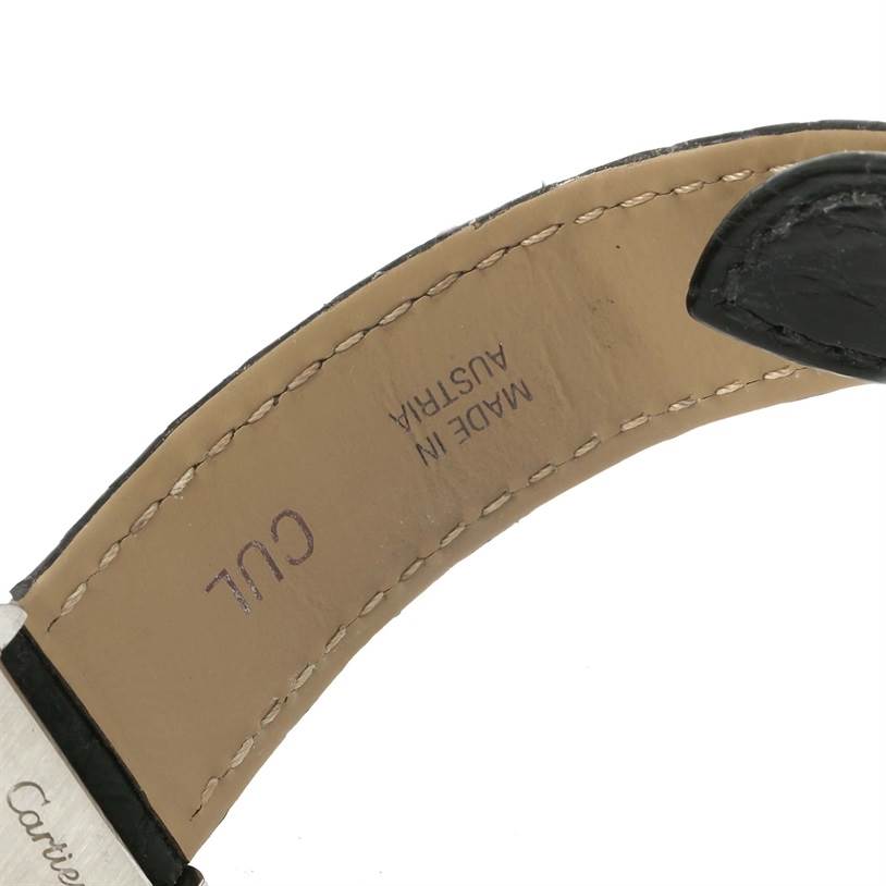 The image shows the inner side of the leather strap with stitching for a Cartier Tank Solo W1018255 Women
s Stainless Steel Silver Dial W1018255 Women
s Stainless Steel Silver Dial watch, marked "Made in Austria."