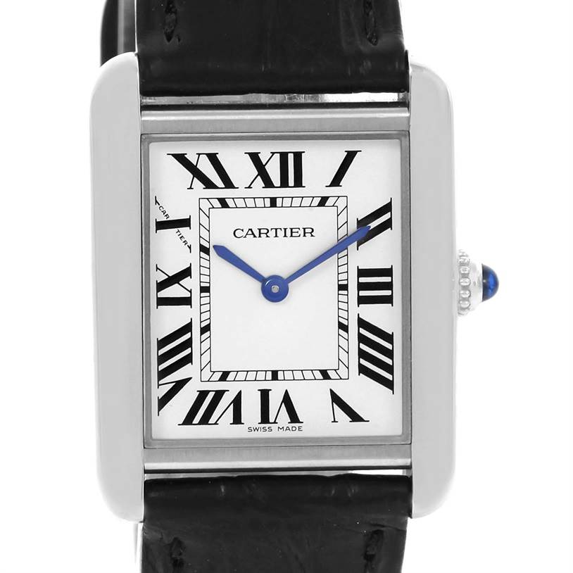 The image shows a front view of the Cartier Tank Solo W1018255 Women
s Stainless Steel Silver Dial W1018255 Women
s Stainless Steel Silver Dial watch, highlighting its dial, case, and black strap.