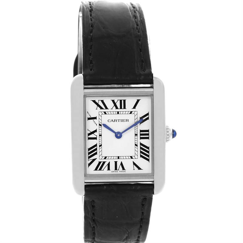 The image shows a front view of a Cartier Tank Solo W1018255 Women
s Stainless Steel Silver Dial W1018255 Women
s Stainless Steel Silver Dial watch, highlighting its rectangular face, Roman numerals, and black leather strap.