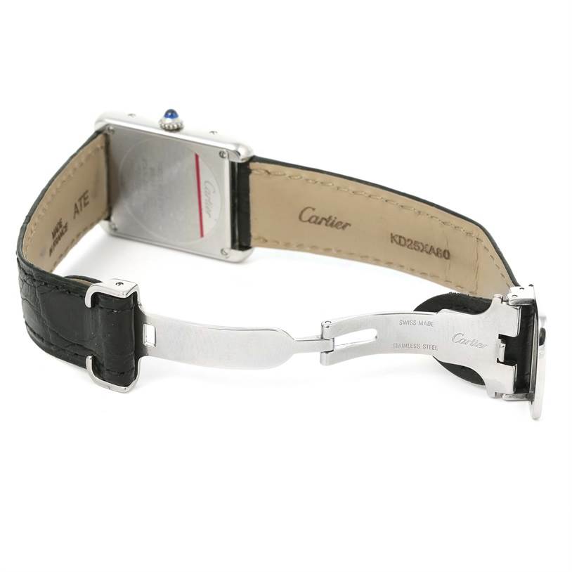 This image shows the rear view of the Cartier Tank Solo W1018255 Women
s Stainless Steel Silver Dial W1018255 Women
s Stainless Steel Silver Dial watch, highlighting the back of the case and the open clasp mechanism.