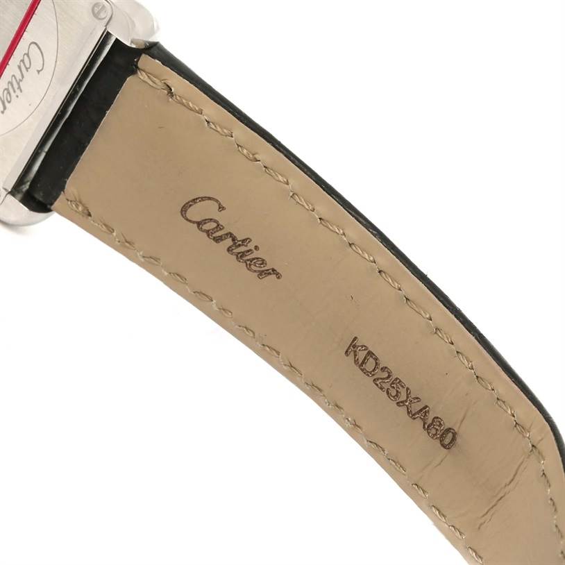 The close-up image shows the underside of the leather strap and part of the case of the Cartier Tank Solo W1018255 Women
s Stainless Steel Silver Dial W1018255 Women
s Stainless Steel Silver Dial watch.