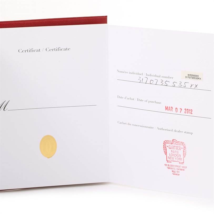 This image shows the certificate of Best Quality
ity for the Cartier Tank Solo W1018255 Women
s Stainless Steel Silver Dial W1018255 Women
s Stainless Steel Silver Dial model watch, with details about the individual number and purchase date.