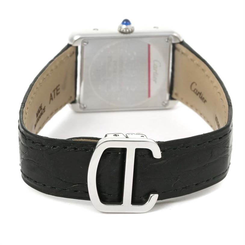 The image shows the back view of a Cartier Tank Solo W1018255 Women
s Stainless Steel Silver Dial W1018255 Women
s Stainless Steel Silver Dial watch, highlighting the leather strap and buckle.