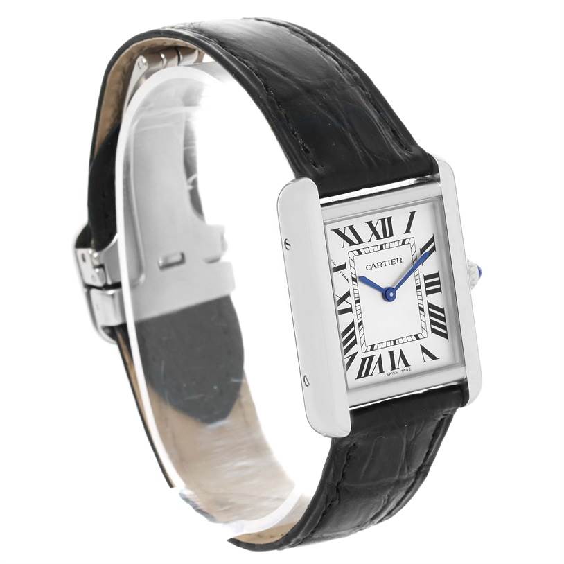 This image shows a Cartier Tank Solo W1018255 Women
s Stainless Steel Silver Dial W1018255 Women
s Stainless Steel Silver Dial watch at an angled view, featuring its face, dial, and black leather strap.