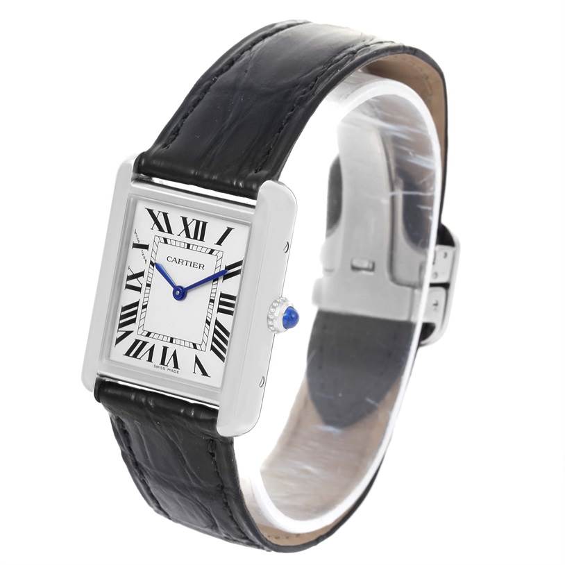 The image shows a Cartier Tank Solo W1018255 Women
s Stainless Steel Silver Dial W1018255 Women
s Stainless Steel Silver Dial watch at a slight angle, highlighting the face, crown, and leather strap.
