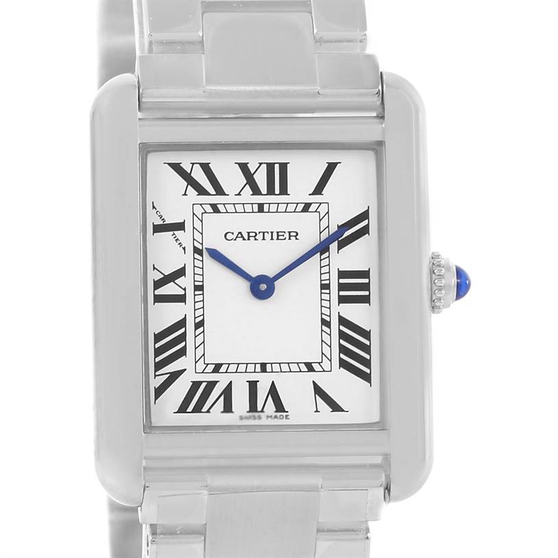 The image shows a front view of the Cartier Tank Solo W5200013 Women's Stainless Steel Silver Dial W5200013 Women's Stainless Steel Silver Dial watch face and bracelet.