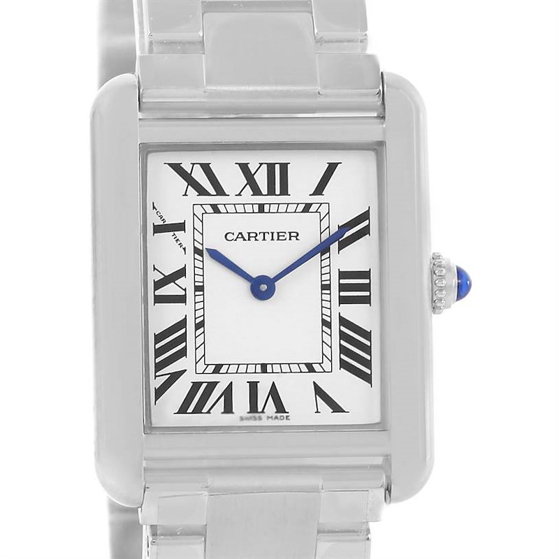 The image shows a front view of the Cartier Tank Solo watch face and bracelet.