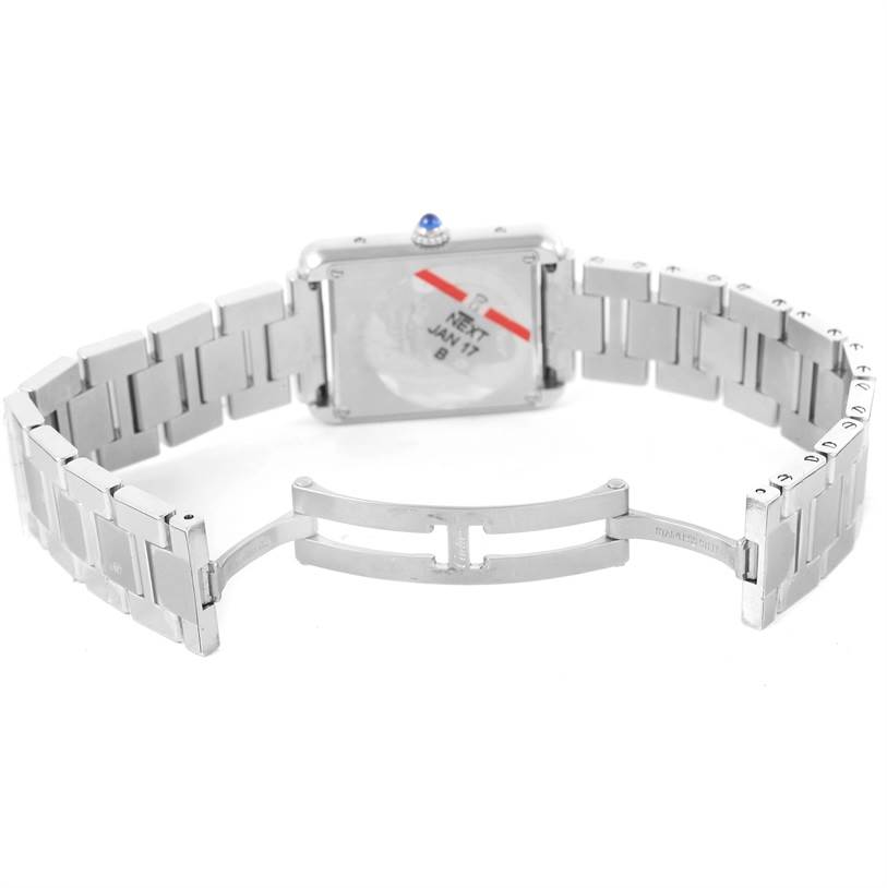 The image shows the back view of the Cartier Tank Solo W5200013 Women's Stainless Steel Silver Dial W5200013 Women's Stainless Steel Silver Dial watch with its metal bracelet open.