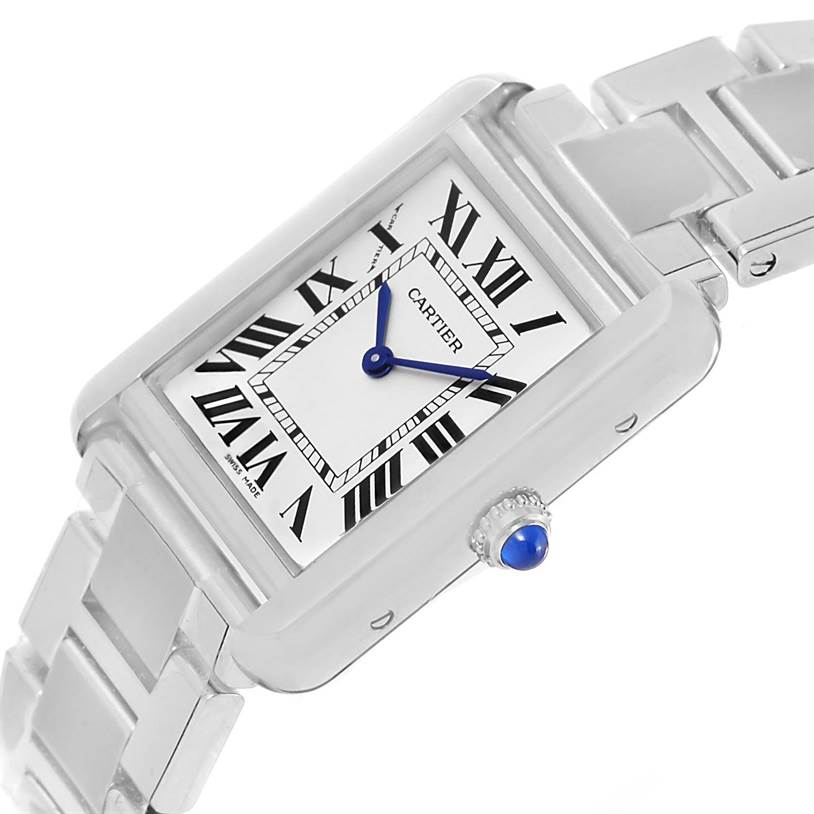The image shows a Cartier Tank Solo W5200013 Women's Stainless Steel Silver Dial W5200013 Women's Stainless Steel Silver Dial watch at an angled top-down view highlighting the face, strap, and crown.