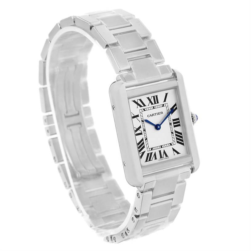 The image shows a Cartier Tank Solo W5200013 Women's Stainless Steel Silver Dial W5200013 Women's Stainless Steel Silver Dial watch at an angle highlighting its face and metal strap.