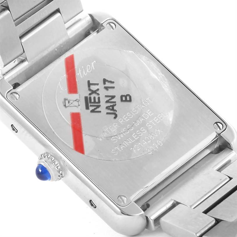 The image shows the back side of a Cartier Tank Solo W5200013 Women's Stainless Steel Silver Dial W5200013 Women's Stainless Steel Silver Dial model watch with its stainless steel case and bracelet.