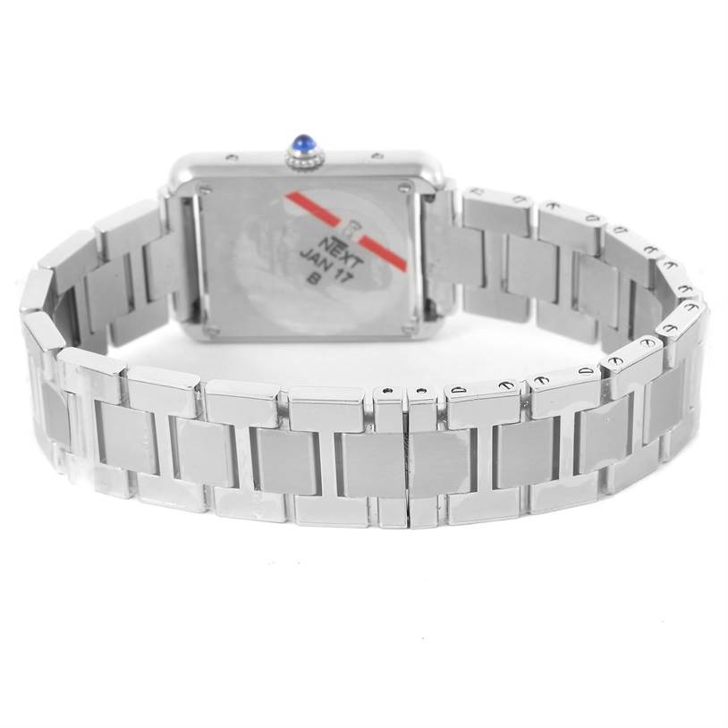 The image shows the back view of the Cartier Tank Solo W5200013 Women's Stainless Steel Silver Dial W5200013 Women's Stainless Steel Silver Dial watch, focusing on the case back and metal bracelet.