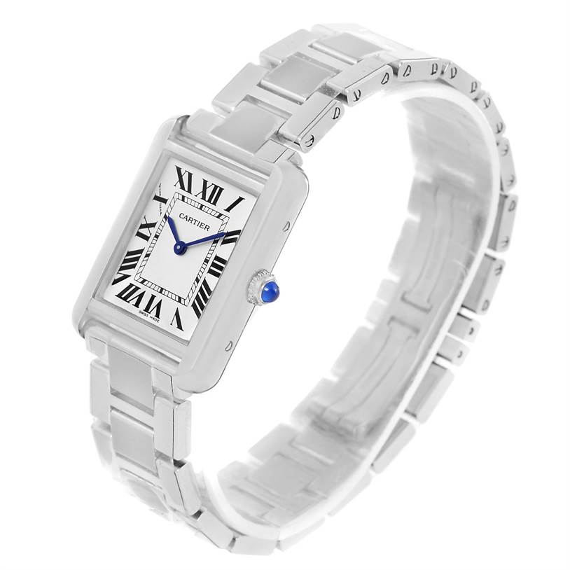 The Cartier Tank Solo W5200013 Women's Stainless Steel Silver Dial W5200013 Women's Stainless Steel Silver Dial watch is shown at a slight angle, displaying the face, rectangular case, metal bracelet, and crown.