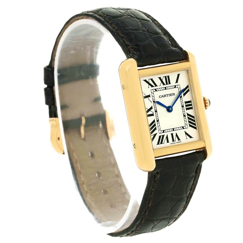 The image shows a Cartier Tank Solo W1018755 Women's Steel and Gold (two tone) Silver Dial W1018755 Women's Steel and Gold (two tone) Silver Dial watch at a slight angle, highlighting its rectangular face, Roman numerals, and leather strap.