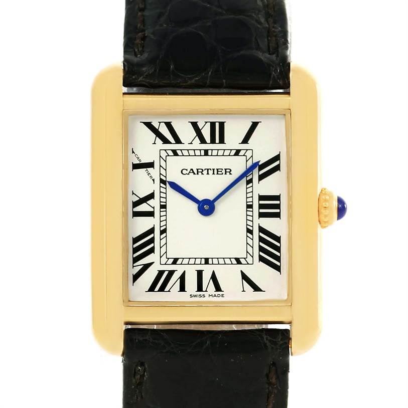 The image shows a Cartier Tank Solo W1018755 Women's Steel and Gold (two tone) Silver Dial W1018755 Women's Steel and Gold (two tone) Silver Dial watch from a front view, displaying the face, Roman numerals, blue hands, and part of the black leather strap.
