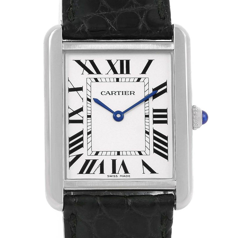 The image shows a front view of the Cartier Tank Solo watch highlighting its rectangular dial, Roman numeral markers, and black leather strap.