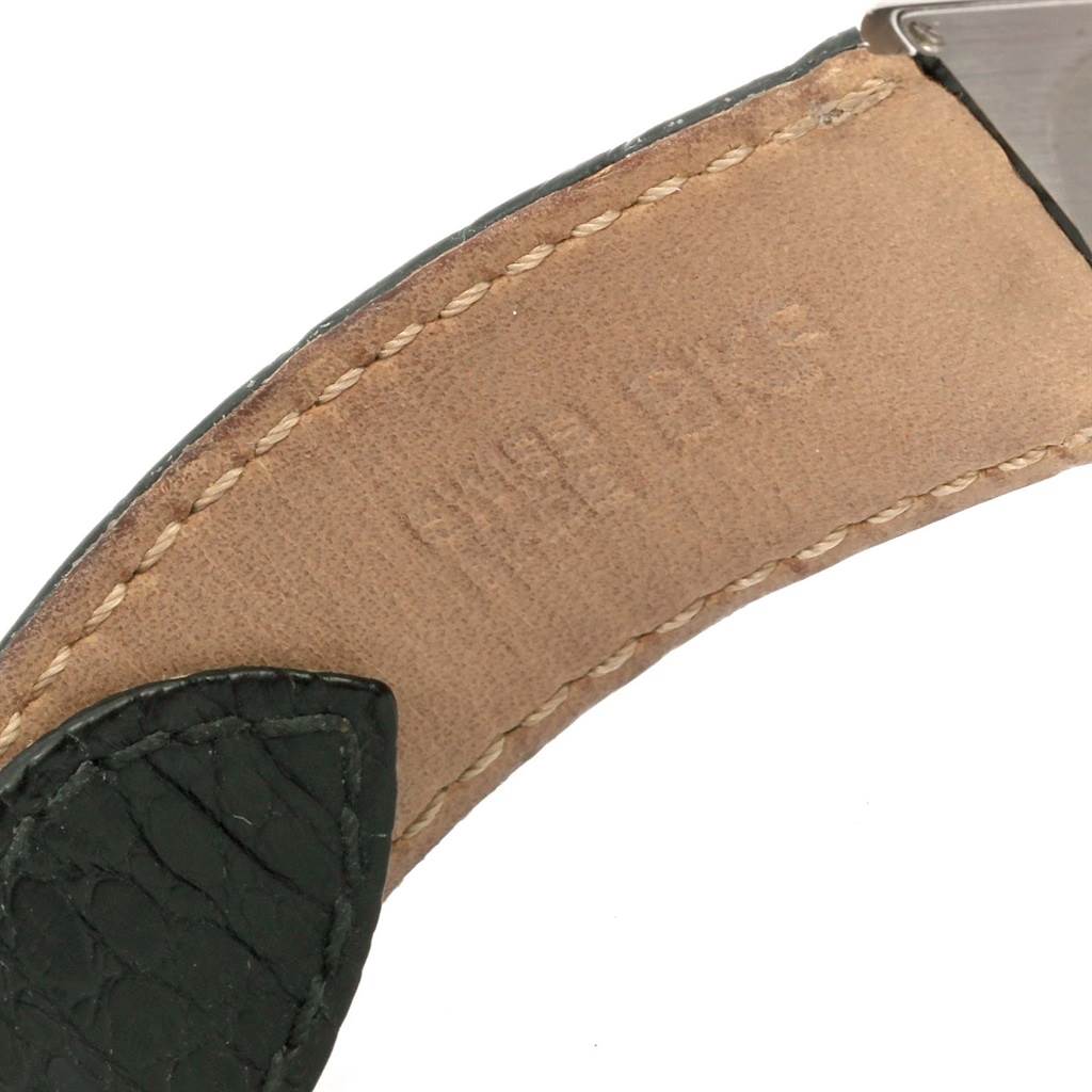 This image shows a close-up view of the leather strap underside of a Cartier Tank Solo W1018355 Men
s Stainless Steel Silver Dial W1018355 Men
s Stainless Steel Silver Dial watch.