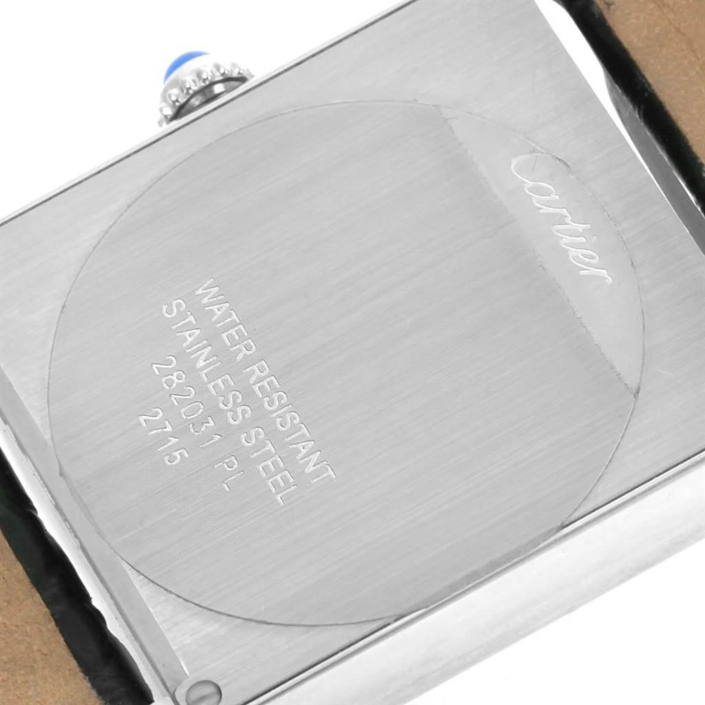 The image shows the back of a Cartier Tank Solo W1018355 Men
s Stainless Steel Silver Dial W1018355 Men
s Stainless Steel Silver Dial watch with engraving details including water resistance and material information.