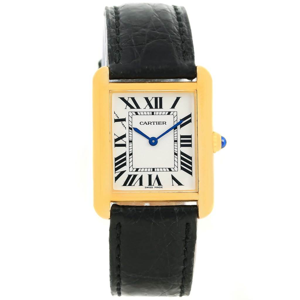 This image shows a front view of the Cartier Tank Solo W1018755 Women's Steel and Gold (two tone) Silver Dial W1018755 Women's Steel and Gold (two tone) Silver Dial watch, highlighting its rectangular dial, Roman numerals, and black leather strap.
