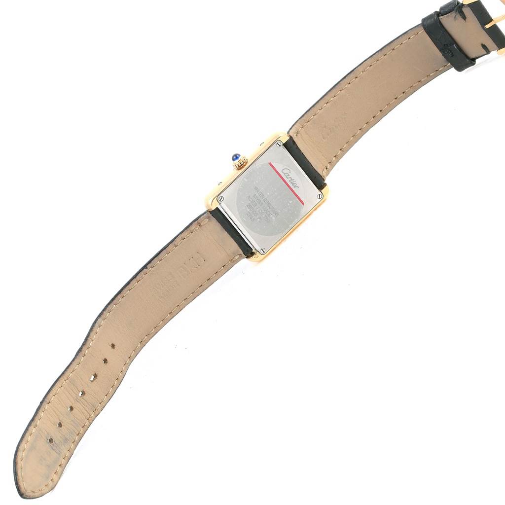 The image shows the back and strap of a Cartier Tank Solo W1018755 Women's Steel and Gold (two tone) Silver Dial W1018755 Women's Steel and Gold (two tone) Silver Dial watch, highlighting the case back and leather strap.