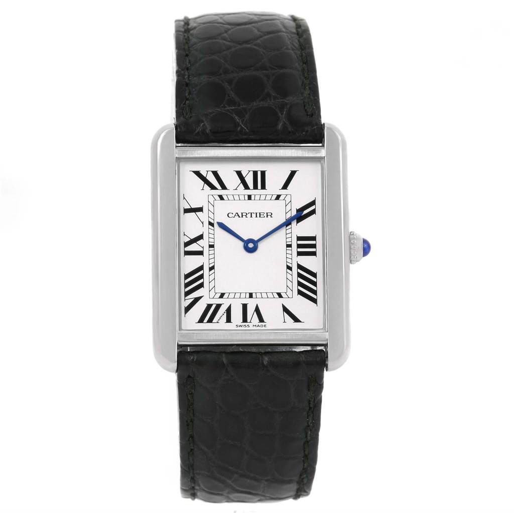 The image shows a front view of a Cartier Tank Solo W1018255 Women
s Stainless Steel Silver Dial W1018255 Women
s Stainless Steel Silver Dial watch, displaying its face, rectangular case, and black leather strap.
