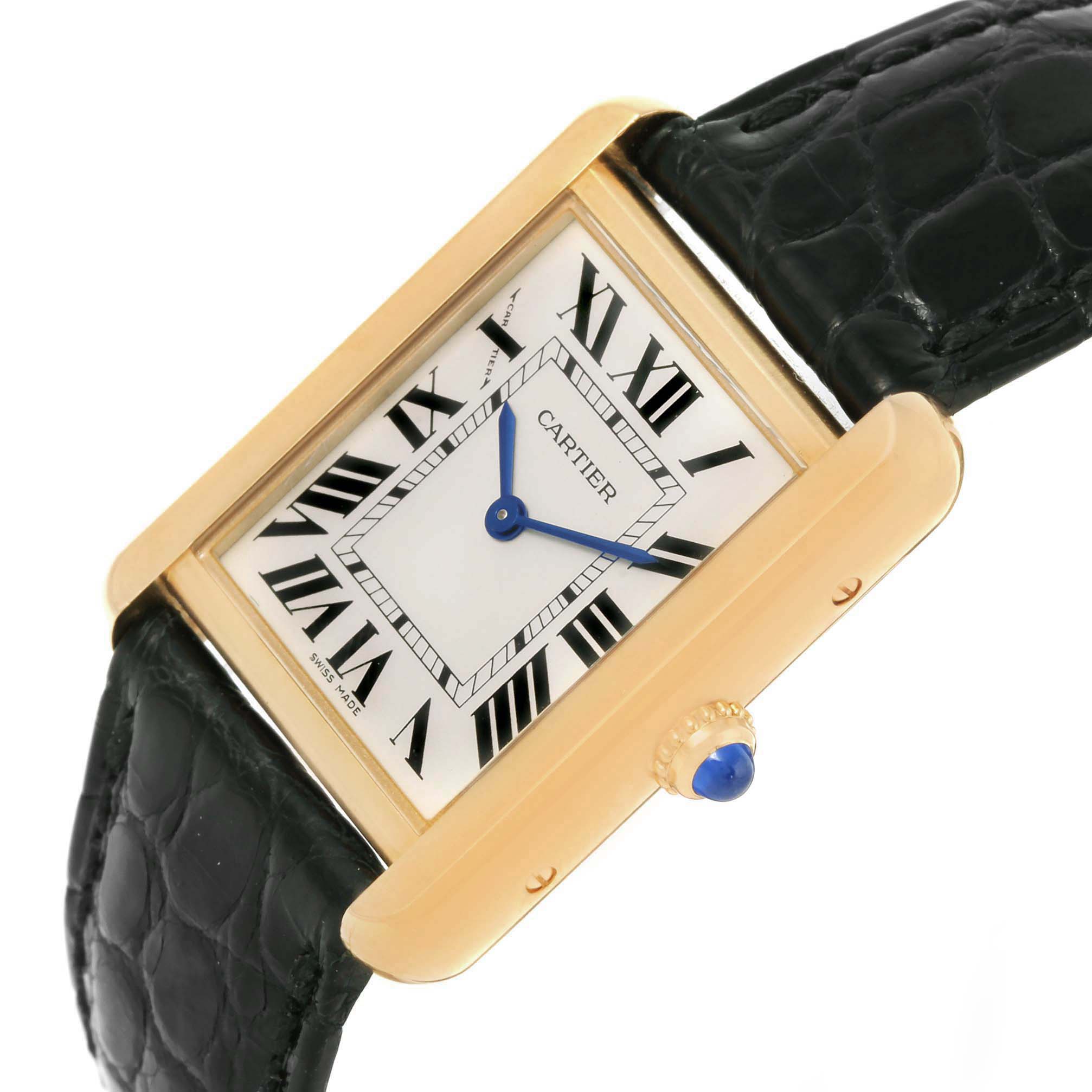 The image shows a Cartier Tank Solo W1018755 Women
s Steel and Gold (two tone) Silver Dial W1018755 Women
s Steel and Gold (two tone) Silver Dial watch at an angle highlighting its face, case, crown, and part of the leather strap.