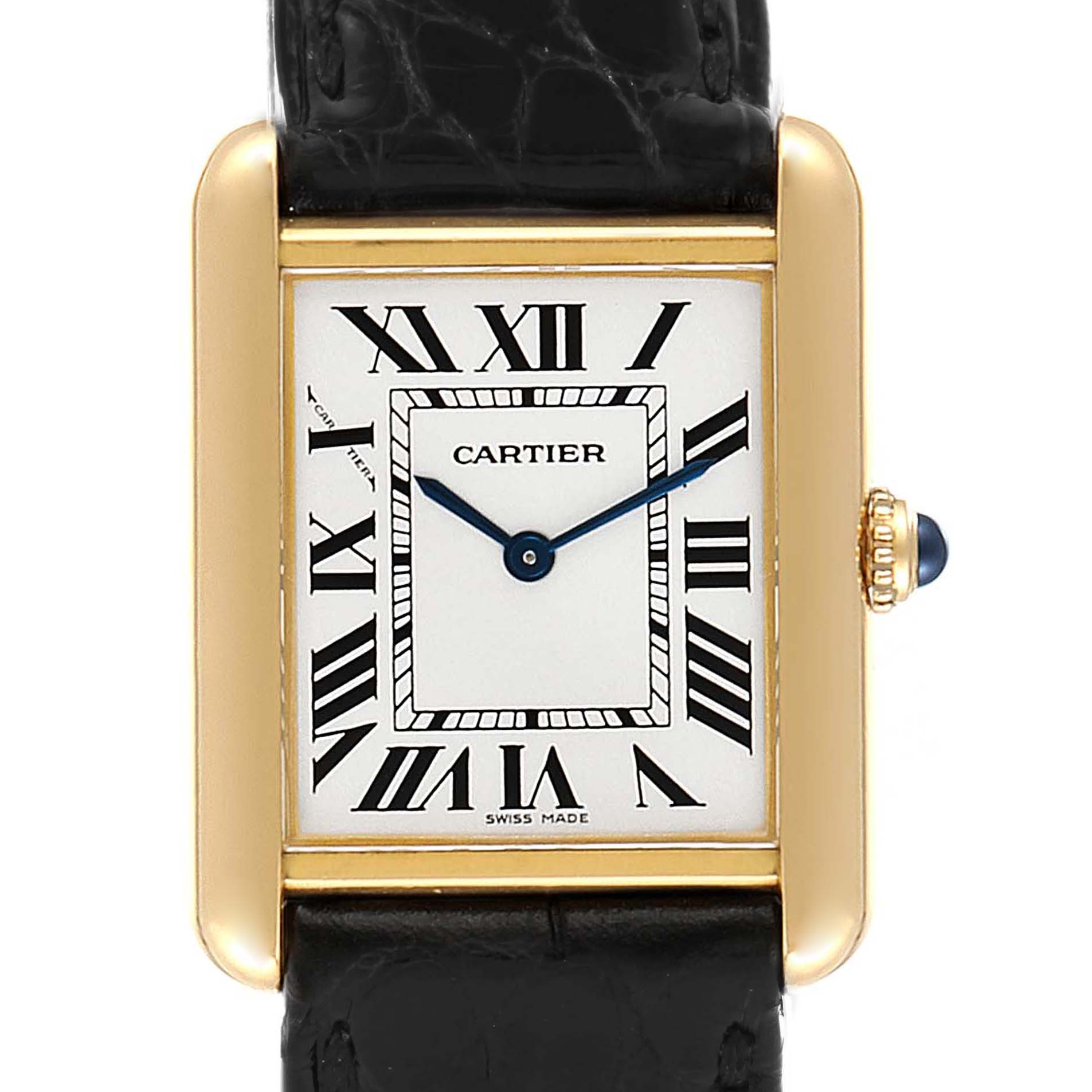 This Tank Solo model by Cartier is shown from a front view, highlighting its face, dial, case, and part of the strap.