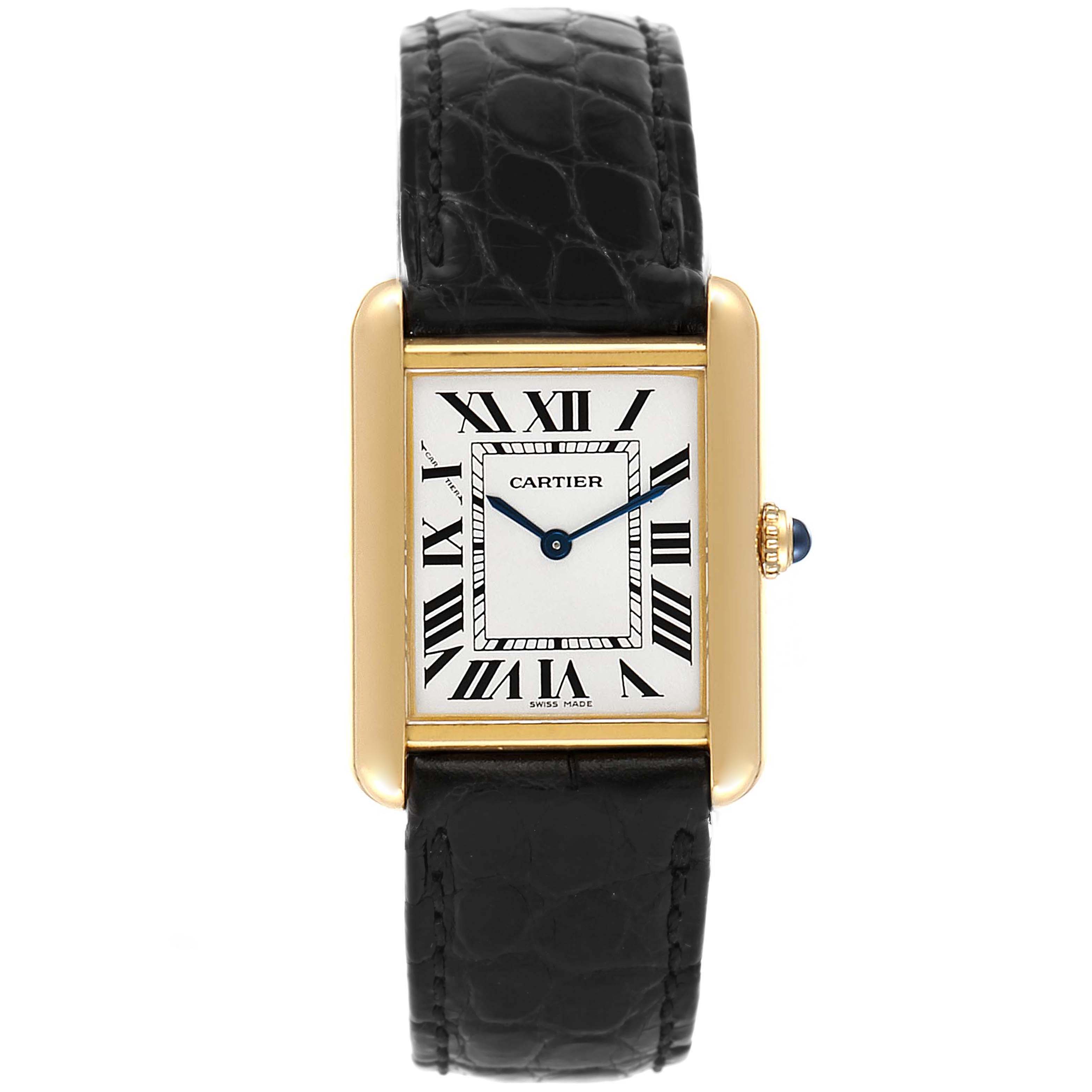 The image shows a front view of the Cartier Tank Solo W1018755 Women
s Steel and Gold (two tone) Silver Dial W1018755 Women
s Steel and Gold (two tone) Silver Dial watch, featuring its rectangular face and black leather strap.