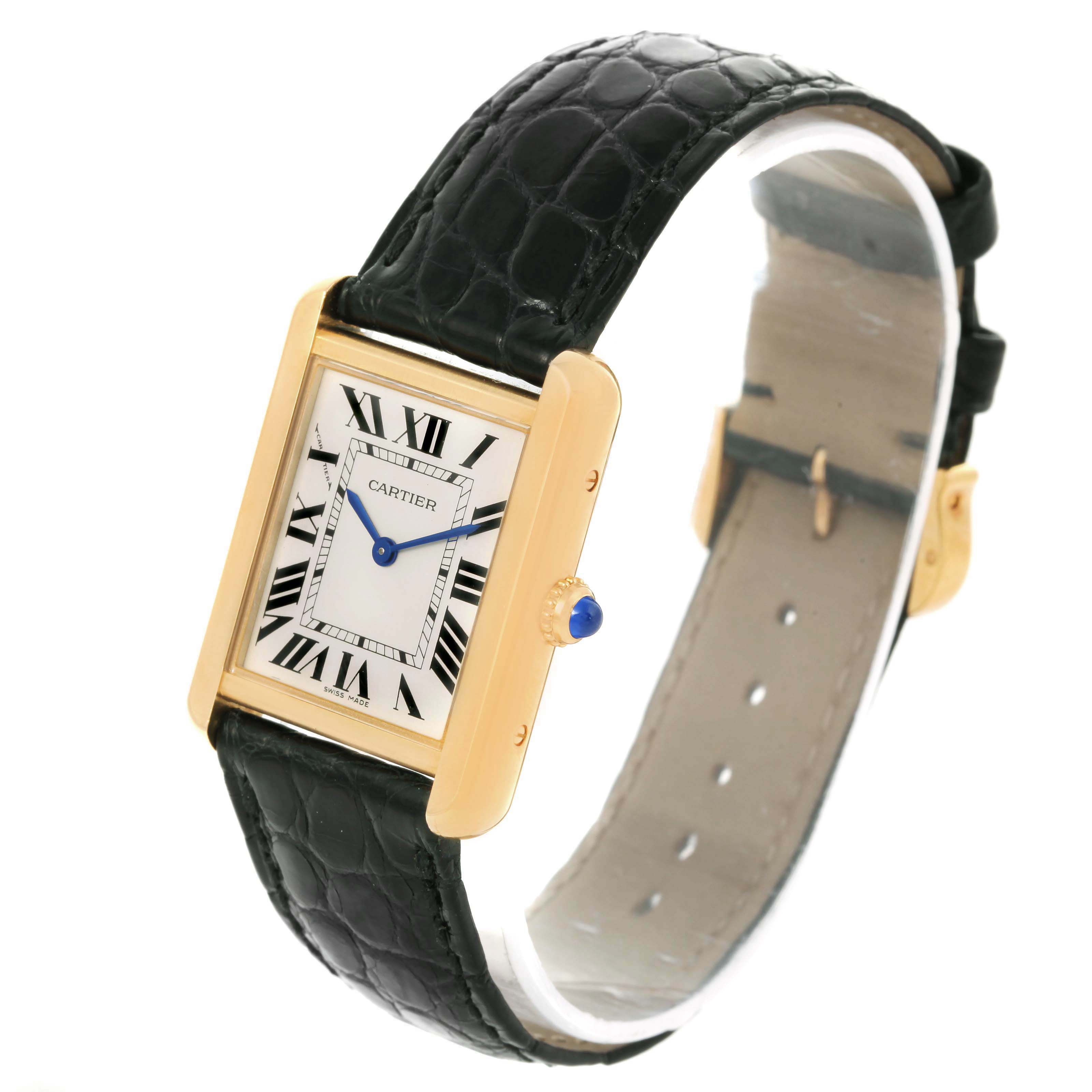 The image shows a Cartier Tank Solo W1018755 Women
s Steel and Gold (two tone) Silver Dial W1018755 Women
s Steel and Gold (two tone) Silver Dial watch at a three-quarter angle, highlighting its face, leather strap, and crown.