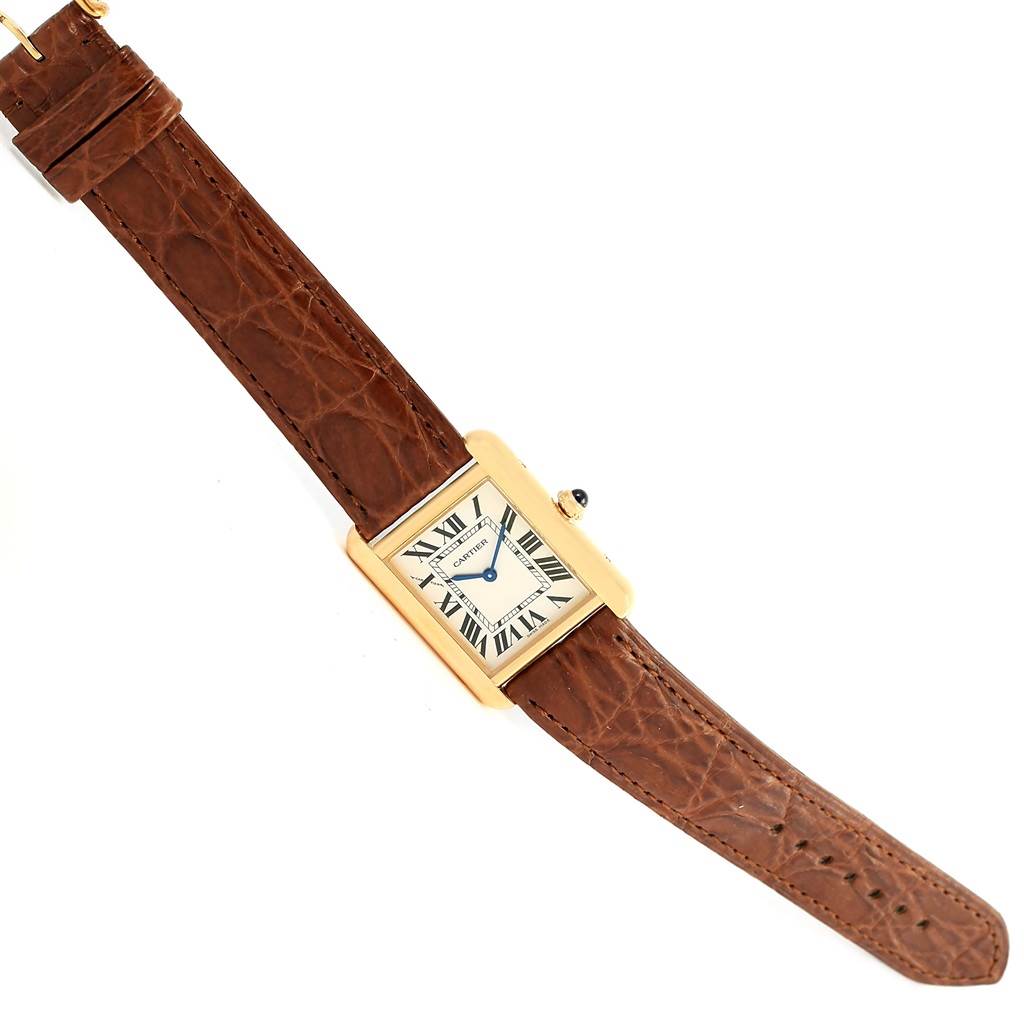 This image shows a Cartier Tank Solo W1018755 Women's Steel and Gold (two tone) Silver Dial W1018755 Women's Steel and Gold (two tone) Silver Dial watch with a brown leather strap, viewed from the front.