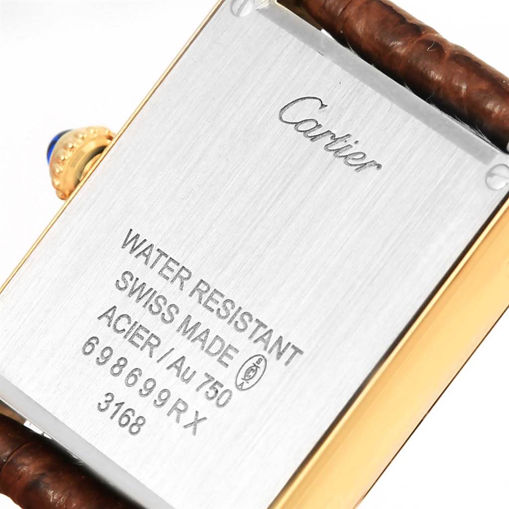 This image shows the back case of the Cartier Tank Solo W1018755 Women's Steel and Gold (two tone) Silver Dial W1018755 Women's Steel and Gold (two tone) Silver Dial watch, displaying model details and serial numbers.