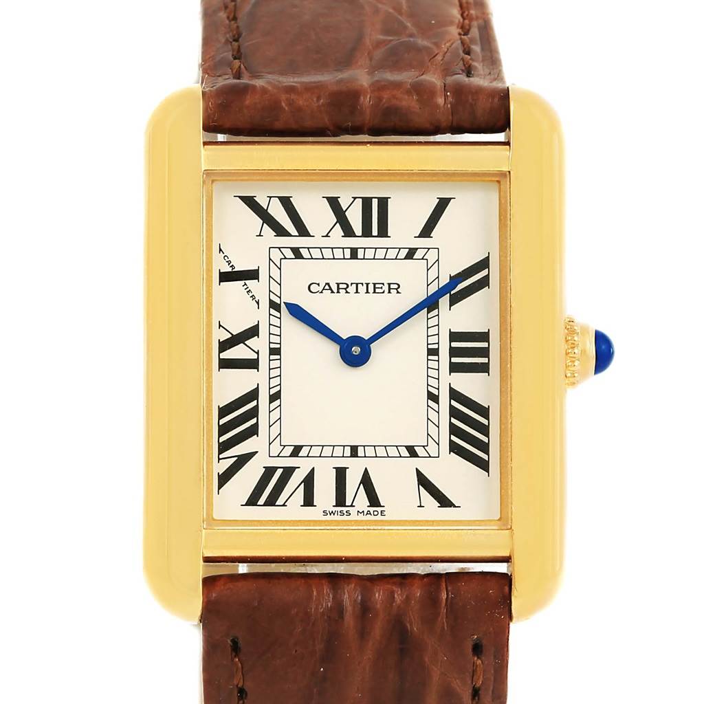 The image shows a front view of the Cartier Tank Solo W1018755 Women's Steel and Gold (two tone) Silver Dial W1018755 Women's Steel and Gold (two tone) Silver Dial watch, highlighting its rectangular face, Roman numerals, and leather strap.