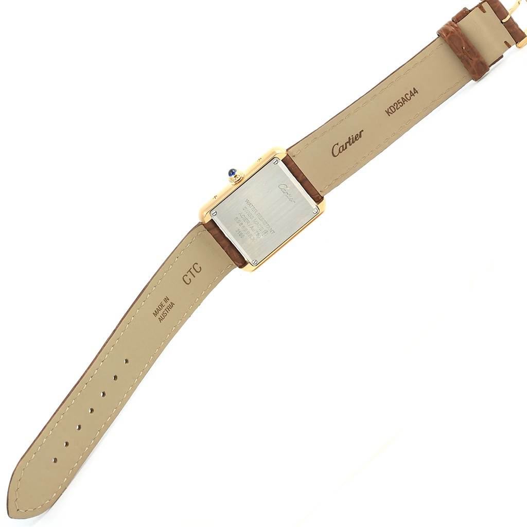 The image shows the back of the Tank Solo watch by Cartier, highlighting its case back and leather straps.