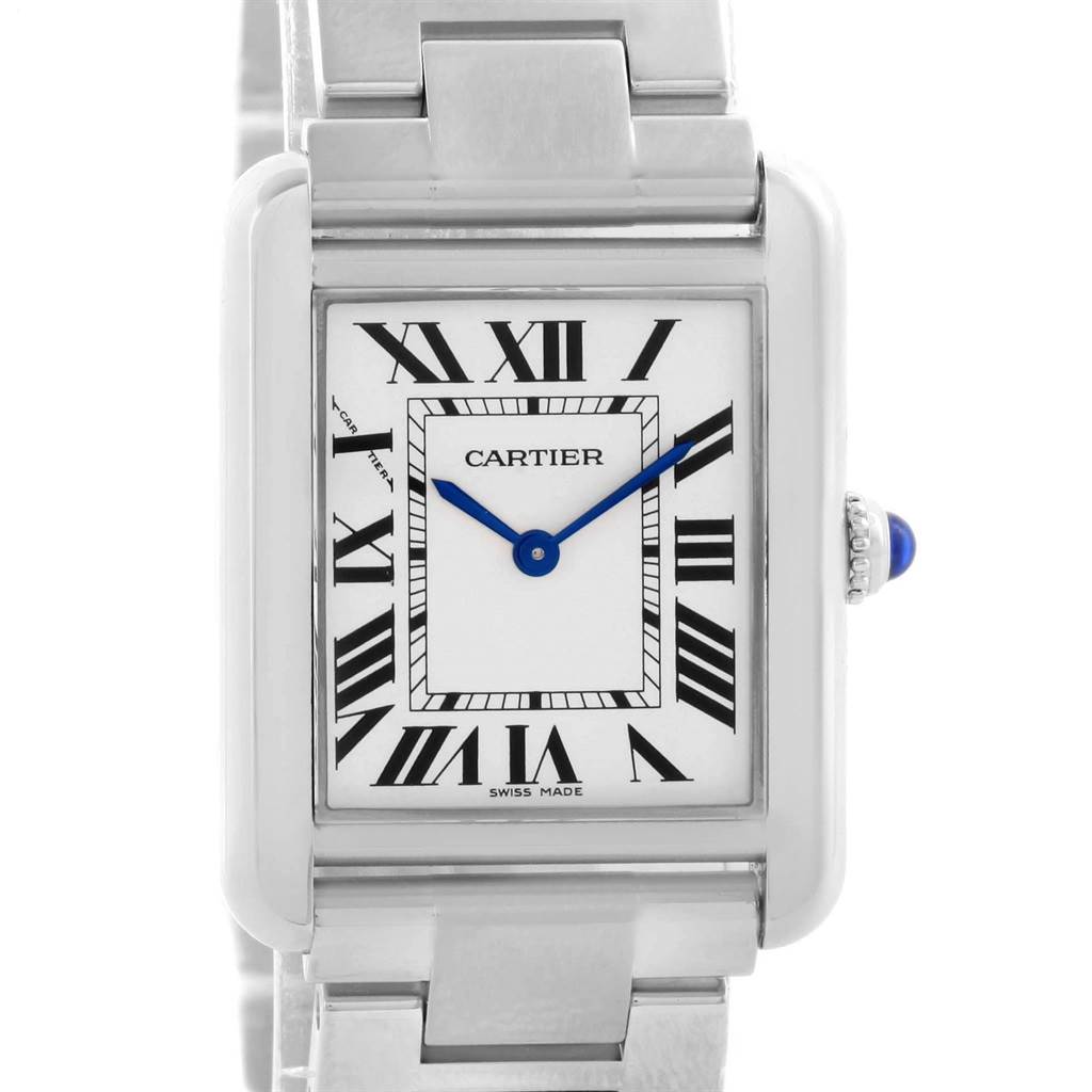 The image shows a frontal view of a Cartier Tank Solo W5200013 Women
s Stainless Steel Silver Dial W5200013 Women
s Stainless Steel Silver Dial watch, highlighting its rectangular face, Roman numerals, and blue hands.