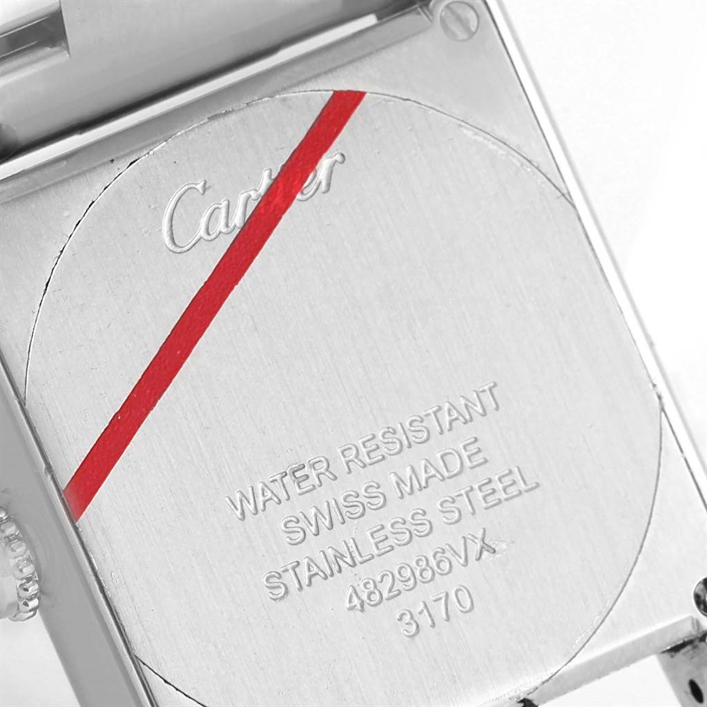 The image shows the back case of a Tank Solo model watch by Cartier, highlighting its water resistance, Swiss made, and stainless steel features.