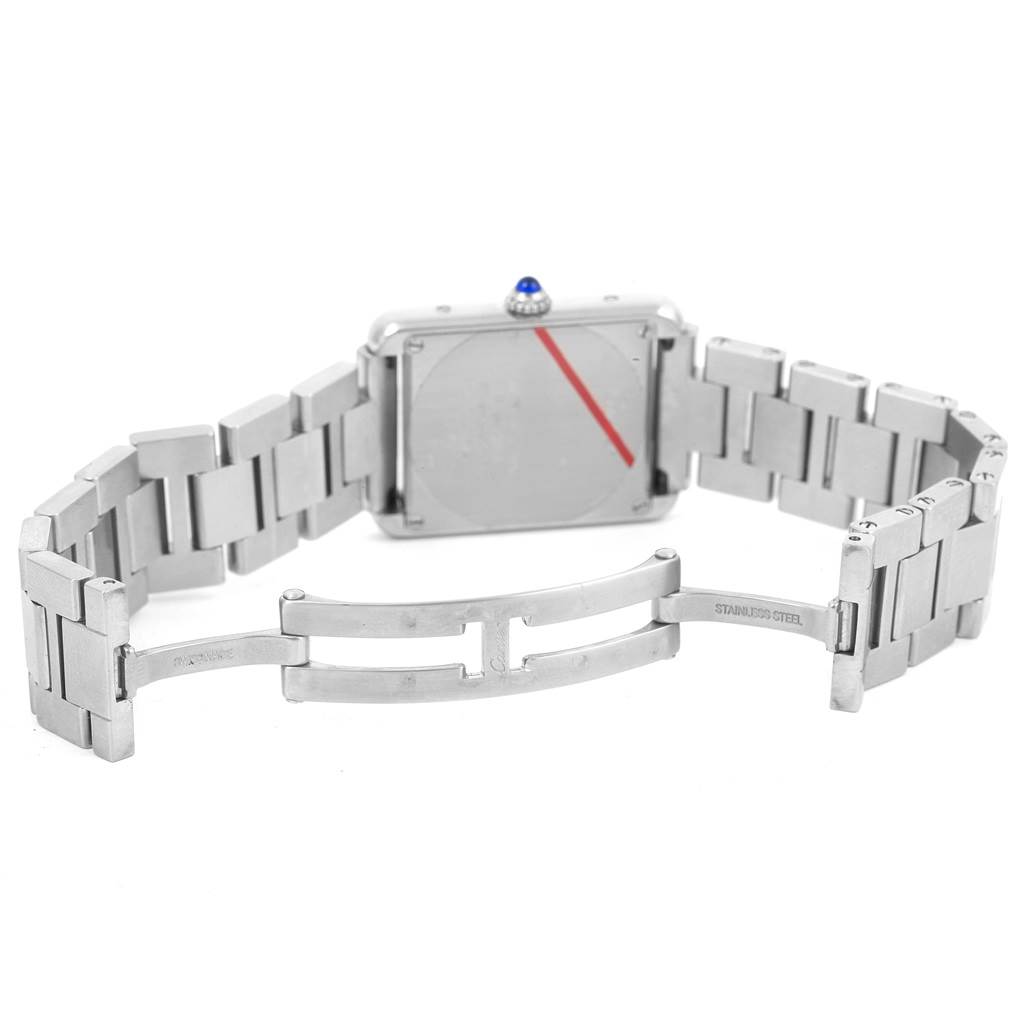 The image shows the back and clasp of a Cartier Tank Solo W5200013 Women
s Stainless Steel Silver Dial W5200013 Women
s Stainless Steel Silver Dial watch, highlighting its stainless steel bracelet.