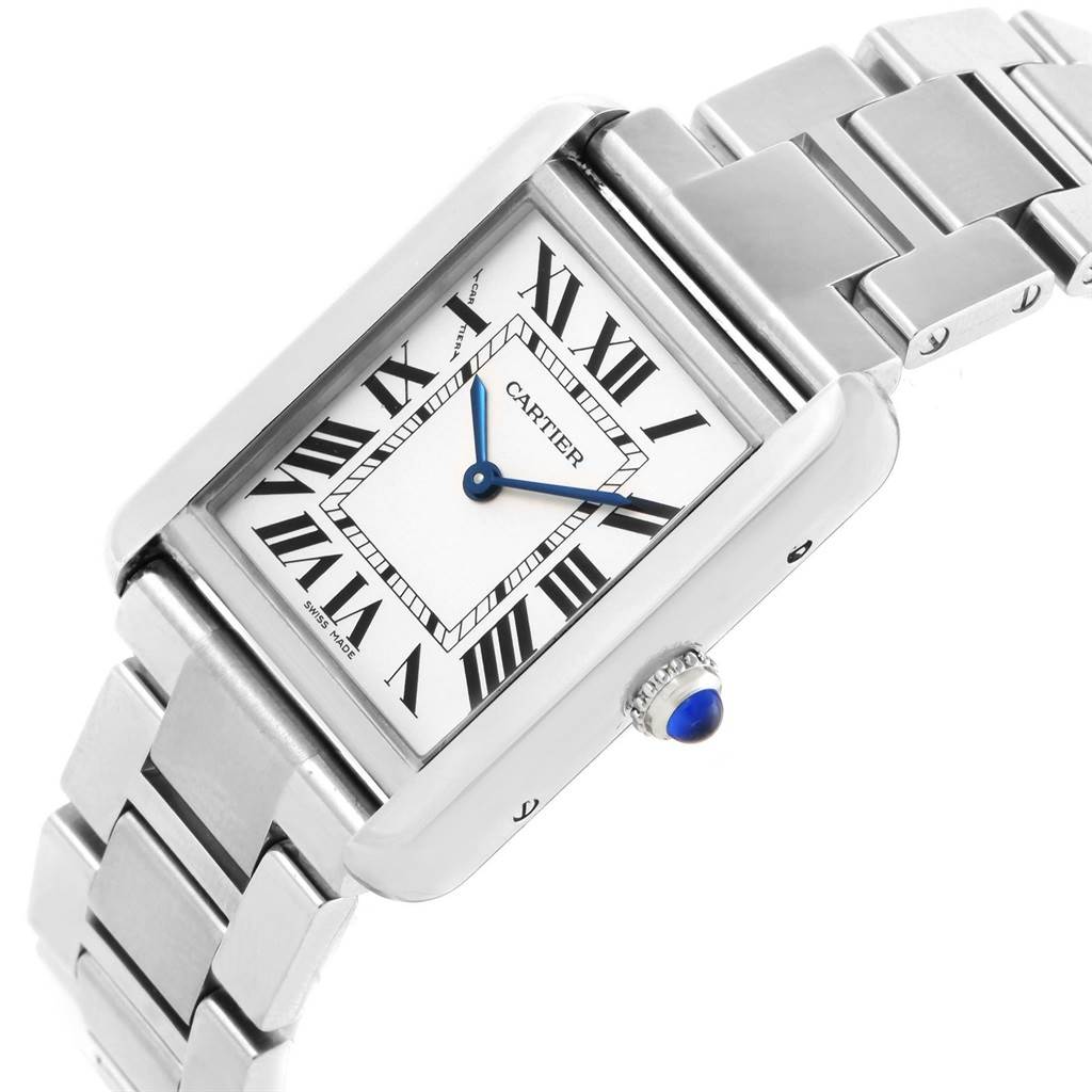 The image shows a close-up angled view of the Cartier Tank Solo W5200013 Women
s Stainless Steel Silver Dial W5200013 Women
s Stainless Steel Silver Dial watch, featuring the face, crown, and bracelet.