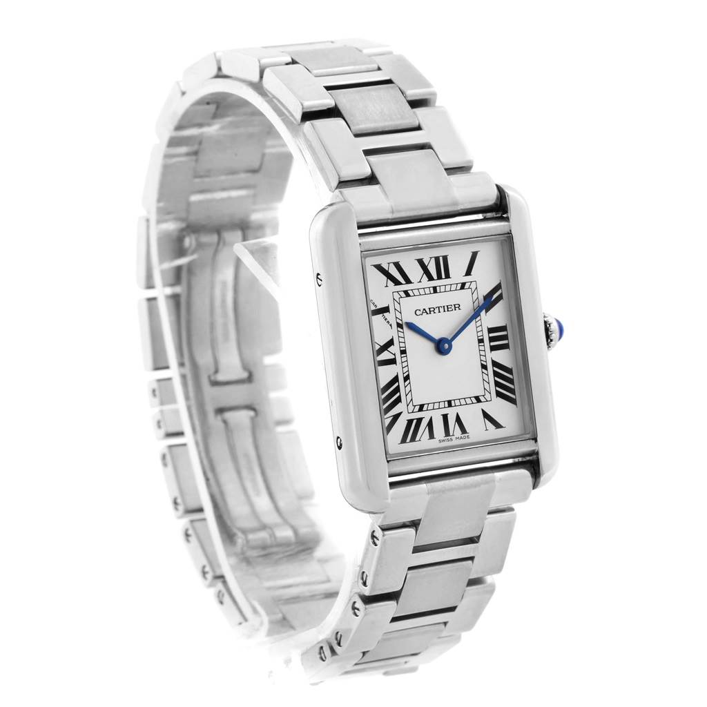 The image shows a Cartier Tank Solo W5200013 Women
s Stainless Steel Silver Dial W5200013 Women
s Stainless Steel Silver Dial watch from an angled side view, highlighting the face, Roman numeral markers, and metallic bracelet.