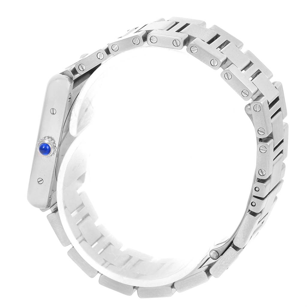 This is a side view of the Cartier Tank Solo W5200013 Women
s Stainless Steel Silver Dial W5200013 Women
s Stainless Steel Silver Dial watch, showing the watch
s crown and a part of the metal bracelet.