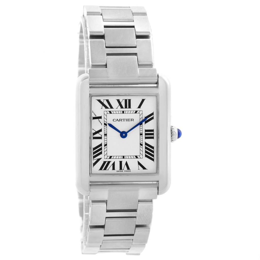 The image shows a front view of a Cartier Tank Solo W5200013 Women
s Stainless Steel Silver Dial W5200013 Women
s Stainless Steel Silver Dial watch, highlighting the case, dial, and bracelet.