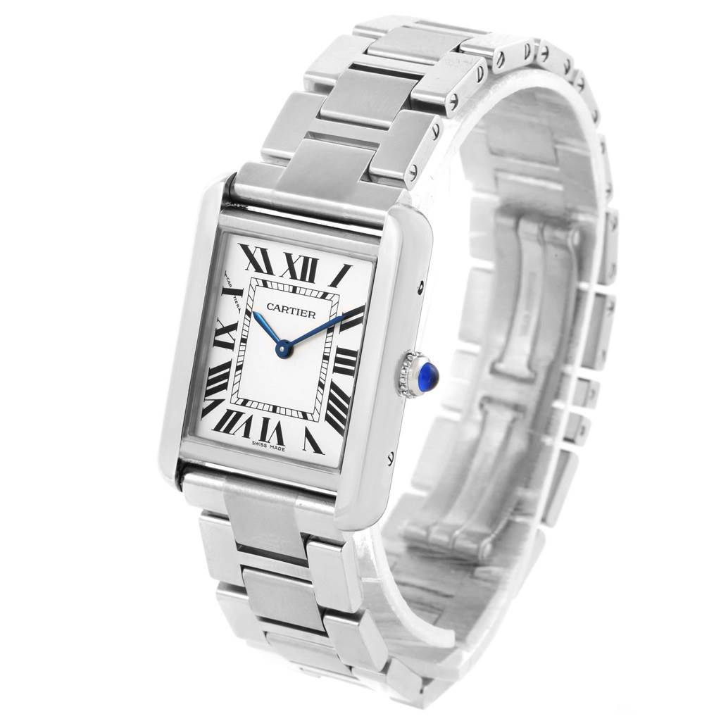 The Cartier Tank Solo W5200013 Women
s Stainless Steel Silver Dial W5200013 Women
s Stainless Steel Silver Dial watch is shown in a tilted, front angle displaying its face, bracelet, and crown.