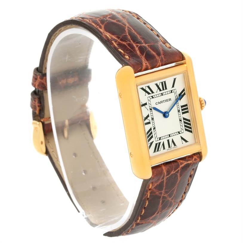 This image displays the Cartier Tank Solo W1018755 Women's Steel and Gold (two tone) Silver Dial W1018755 Women's Steel and Gold (two tone) Silver Dial watch at an angled side view, highlighting its rectangular face and brown leather strap.