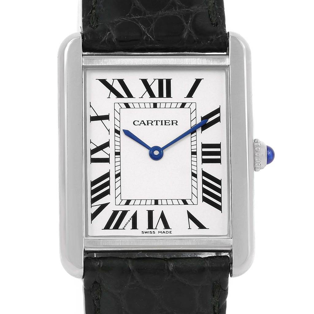 The image shows a front view of the Cartier Tank Solo W1018255 Women's Stainless Steel Silver Dial W1018255 Women's Stainless Steel Silver Dial watch, highlighting its dial, Roman numerals, and black strap.