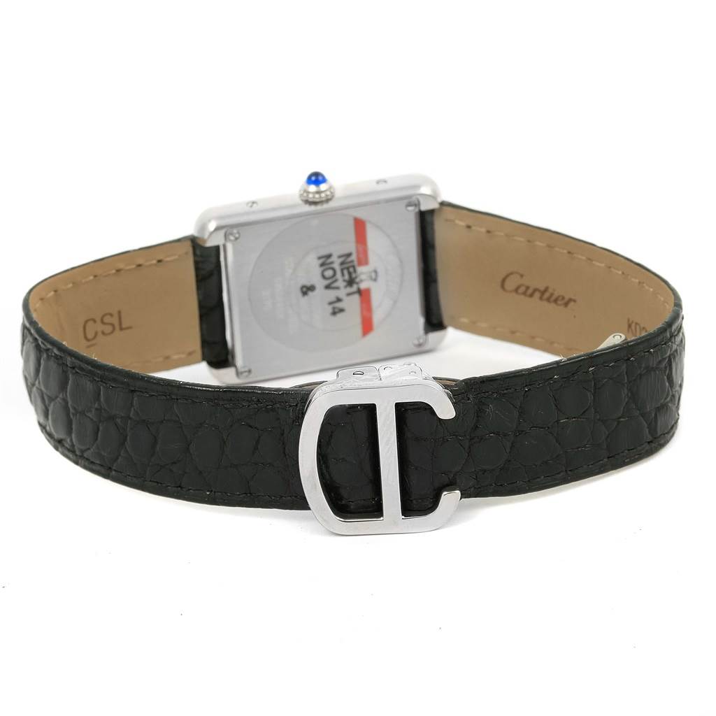 The image shows the back view of a Cartier Tank Solo W1018255 Women's Stainless Steel Silver Dial W1018255 Women's Stainless Steel Silver Dial watch, displaying the case back, leather strap, and buckle.