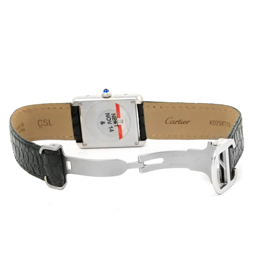 The image shows the back view of a Cartier Tank Solo W1018255 Women's Stainless Steel Silver Dial W1018255 Women's Stainless Steel Silver Dial watch, highlighting the leather strap and deployment clasp.