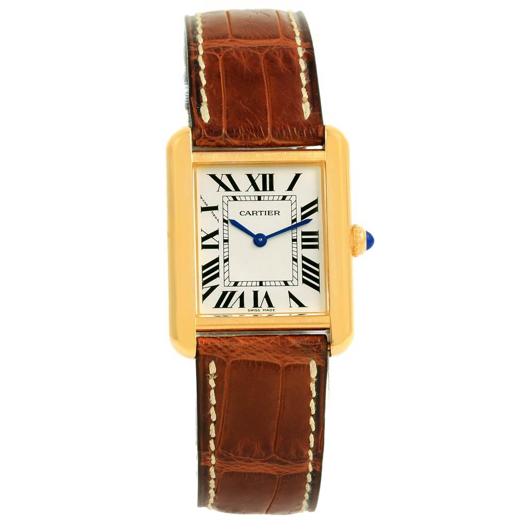 This image shows a front view of the Cartier Tank Solo W1018755 Women's Steel and Gold (two tone) Silver Dial W1018755 Women's Steel and Gold (two tone) Silver Dial watch, including its rectangular face, Roman numeral dial, and brown leather strap.